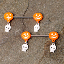 Load image into Gallery viewer, 14G 5/8 Orange Pumpkin Skull Halloween Dangle Nipple Ring Set
