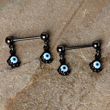 Load image into Gallery viewer, 14G 5/8 Black Blue Eyeball Hand Halloween Dangle Nipple Ring Set

