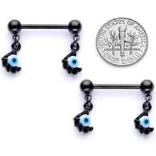 Load image into Gallery viewer, 14G 5/8 Black Blue Eyeball Hand Halloween Dangle Nipple Ring Set
