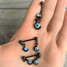 Load image into Gallery viewer, Clear Gem Black Blue Eyeball Hand Halloween Dangle Belly Ring
