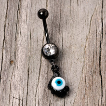 Load image into Gallery viewer, Clear Gem Black Blue Eyeball Hand Halloween Dangle Belly Ring
