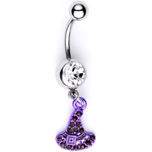 Load image into Gallery viewer, Clear Black Gem Purple Witch Hat Halloween Dangle Belly Ring

