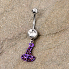 Load image into Gallery viewer, Clear Black Gem Purple Witch Hat Halloween Dangle Belly Ring
