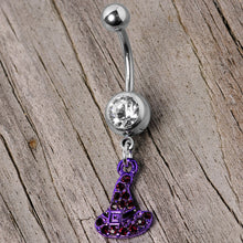 Load image into Gallery viewer, Clear Black Gem Purple Witch Hat Halloween Dangle Belly Ring
