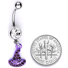 Load image into Gallery viewer, Clear Black Gem Purple Witch Hat Halloween Dangle Belly Ring
