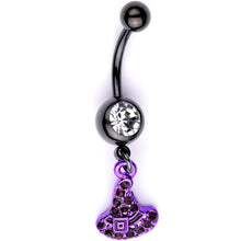 Load image into Gallery viewer, Clear Black Gem Black Purple Witch Hat Halloween Dangle Belly Ring
