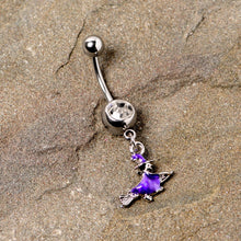 Load image into Gallery viewer, Clear Gem Blue Flying Witch Halloween Dangle Belly Ring
