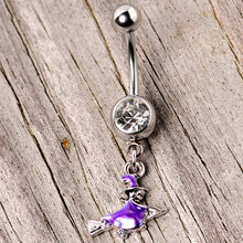 Load image into Gallery viewer, Clear Gem Blue Flying Witch Halloween Dangle Belly Ring
