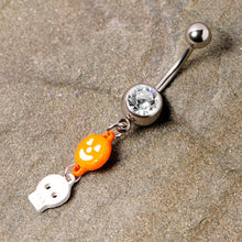Load image into Gallery viewer, Clear Gem Orange Pumpkin Skull Halloween Dangle Belly Ring

