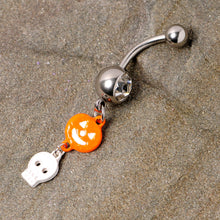 Load image into Gallery viewer, Clear Gem Orange Pumpkin Skull Halloween Dangle Belly Ring
