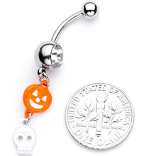 Load image into Gallery viewer, Clear Gem Orange Pumpkin Skull Halloween Dangle Belly Ring
