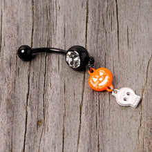 Load image into Gallery viewer, Clear Gem Black Orange Pumpkin Skull Halloween Dangle Belly Ring

