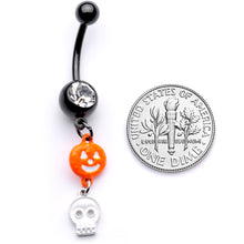 Load image into Gallery viewer, Clear Gem Black Orange Pumpkin Skull Halloween Dangle Belly Ring
