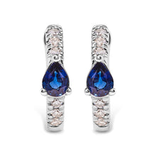 Load image into Gallery viewer, 10K White Gold Pear Shaped Blue Sapphire and 1/10 Cttw Diamond Huggy Hoop Earrings (H-I Color, I1-I2 Clarity)
