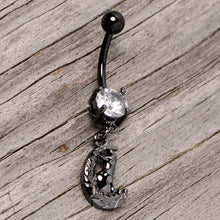 Load image into Gallery viewer, Clear CZ Gem Black Cat Moon Halloween Dangle Belly Ring
