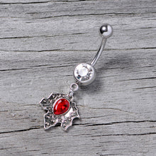 Load image into Gallery viewer, Clear Red Gem Holiday Holly Leaf Christmas Dangle Belly Ring
