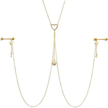 Load image into Gallery viewer, 14G 5/8 Clear Gem Gold Tone Sun Heart Star Nipple Chain Necklace
