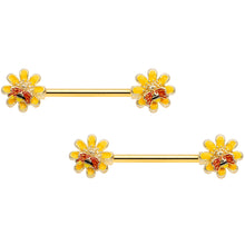 Load image into Gallery viewer, 14G 9/16 Yellow Red Gold Tone Bee Flower Barbell Nipple Ring Set
