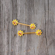 Load image into Gallery viewer, 14G 9/16 Yellow Red Gold Tone Bee Flower Barbell Nipple Ring Set
