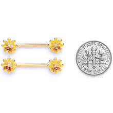 Load image into Gallery viewer, 14G 9/16 Yellow Red Gold Tone Bee Flower Barbell Nipple Ring Set
