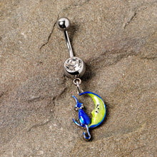 Load image into Gallery viewer, Clear Gem Blue Witch Cat Moon Halloween Dangle Belly Ring
