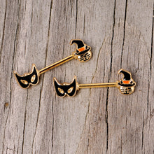 Load image into Gallery viewer, 14G 9/16 Gold Tone Witch Cat Halloween Barbell Nipple Ring Set
