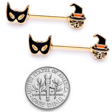 Load image into Gallery viewer, 14G 9/16 Gold Tone Witch Cat Halloween Barbell Nipple Ring Set
