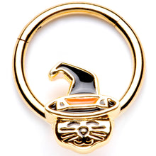 Load image into Gallery viewer, 16G 3/8 Gold Tone Witch Hat Cat Halloween Hinged Segment Ring
