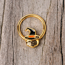 Load image into Gallery viewer, 16G 3/8 Gold Tone Witch Hat Cat Halloween Hinged Segment Ring
