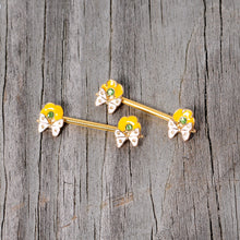 Load image into Gallery viewer, 14G 9/16 Green Gem Gold Tone Butterfly Barbell Nipple Ring Set

