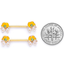 Load image into Gallery viewer, 14G 9/16 Green Gem Gold Tone Butterfly Barbell Nipple Ring Set
