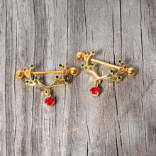 Load image into Gallery viewer, 14G 25mm Red Green Gem Reindeer Antler Holiday Nipple Shield Set
