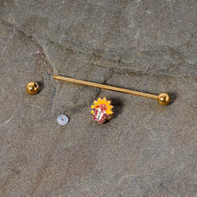 Load image into Gallery viewer, 14G Gold Tone Red Yellow Butterfly Flower Industrial Barbell 38mm
