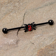 Load image into Gallery viewer, 14G Red Gem Black Spider Halloween Industrial Barbell 38mm
