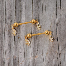 Load image into Gallery viewer, 14G 9/16 Clear Gem Gold Tone Moon Dangle Barbell Nipple Ring Set
