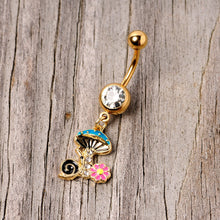Load image into Gallery viewer, Clear Gem Gold Tone Snail Flower Magic Mushroom Dangle Belly Ring
