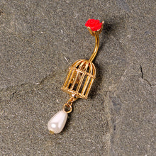Load image into Gallery viewer, Red Flower Gold Tone Birdcage Dangle Belly Ring
