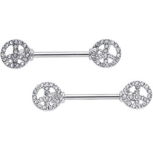 Load image into Gallery viewer, 14G 9/16 Clear Gem Retro Peace Sign Barbell Nipple Ring Set

