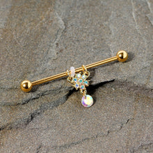 Load image into Gallery viewer, 14G Aurora Gem Gold Tone Flower Dangle Industrial Barbell 38mm

