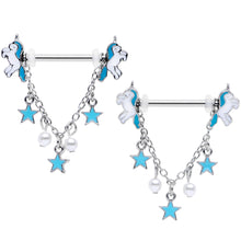 Load image into Gallery viewer, 14G 5/8 Blue White Unicorn Star Chain Dangle Nipple Ring Set

