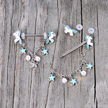 Load image into Gallery viewer, 14G 5/8 Blue White Unicorn Star Chain Dangle Nipple Ring Set
