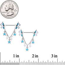 Load image into Gallery viewer, 14G 5/8 Blue White Unicorn Star Chain Dangle Nipple Ring Set
