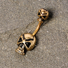Load image into Gallery viewer, Gold Tone Scary Double Skull Halloween Double Mount Belly Ring
