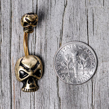 Load image into Gallery viewer, Gold Tone Scary Double Skull Halloween Double Mount Belly Ring
