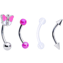 Load image into Gallery viewer, 16G 5/16 Clear Gem Pink UV Butterfly Curved Eyebrow Ring Set of 4

