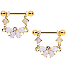 Load image into Gallery viewer, 14G 5/8 White Faux Opal Gold Tone Bow Dangle Nipple Ring Set
