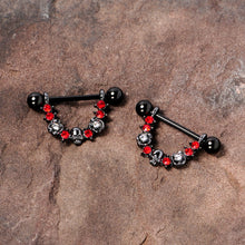 Load image into Gallery viewer, 14G 5/8 Red Clear Gem Black Skull Rose Dangle Nipple Ring Set
