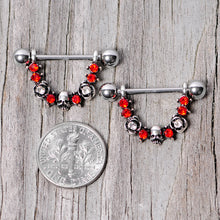 Load image into Gallery viewer, 14G 5/8 Red Clear Gem Halloween Skull Rose Dangle Nipple Ring Set
