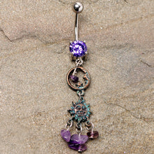 Load image into Gallery viewer, Purple Gem Solstice Sun Moon Dangle Belly Ring
