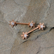Load image into Gallery viewer, 14G 5/8 Clear Gem Rose Gold Hue Snowflake Barbell Nipple Ring Set
